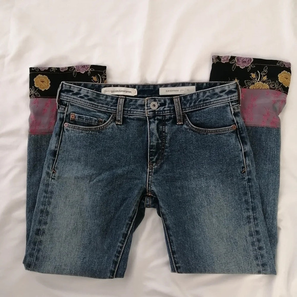 Anthropologie Pilcro Slim Boyfriend Jeans with Patchwork Satin Hems Boho 25 - Picture 6 of 16